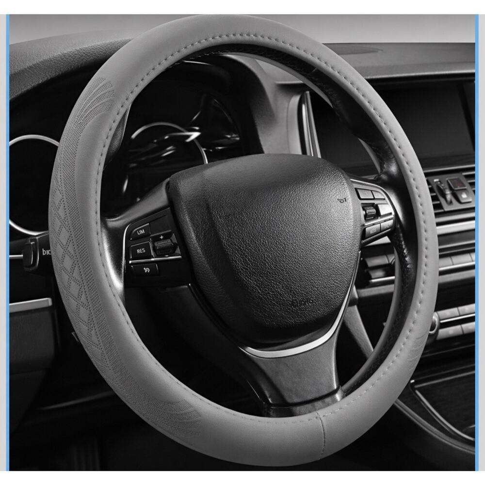High-Grade Real Cowhide Steering Wheel Cover Non-Slip, Univeral 14.5-15”, Gray
